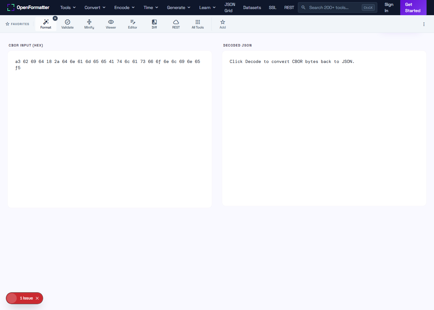 CBOR Decode converting sample CBOR binary data into readable JSON
