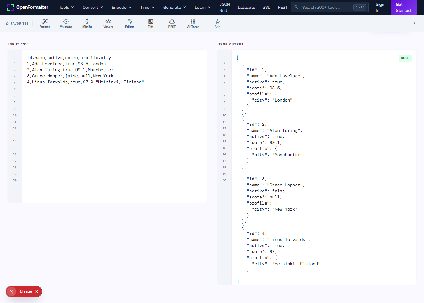 CSV to JSON converting sample CSV rows into nested JSON objects