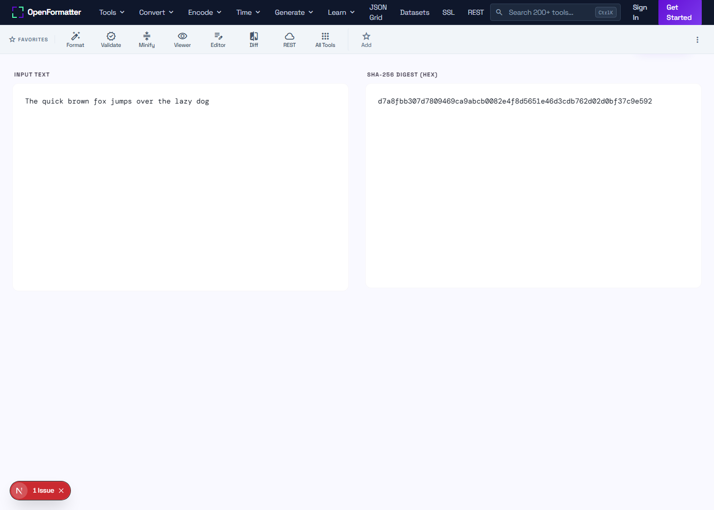 Hash Generator computing a SHA-256 digest of sample text