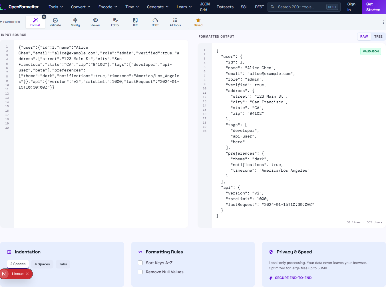 JSON Formatter beautifying a sample nested JSON object, showing the formatted output with a Valid JSON badge