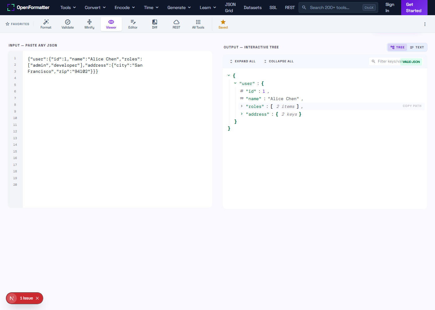 JSON Viewer showing a sample nested JSON object as an interactive, expandable tree