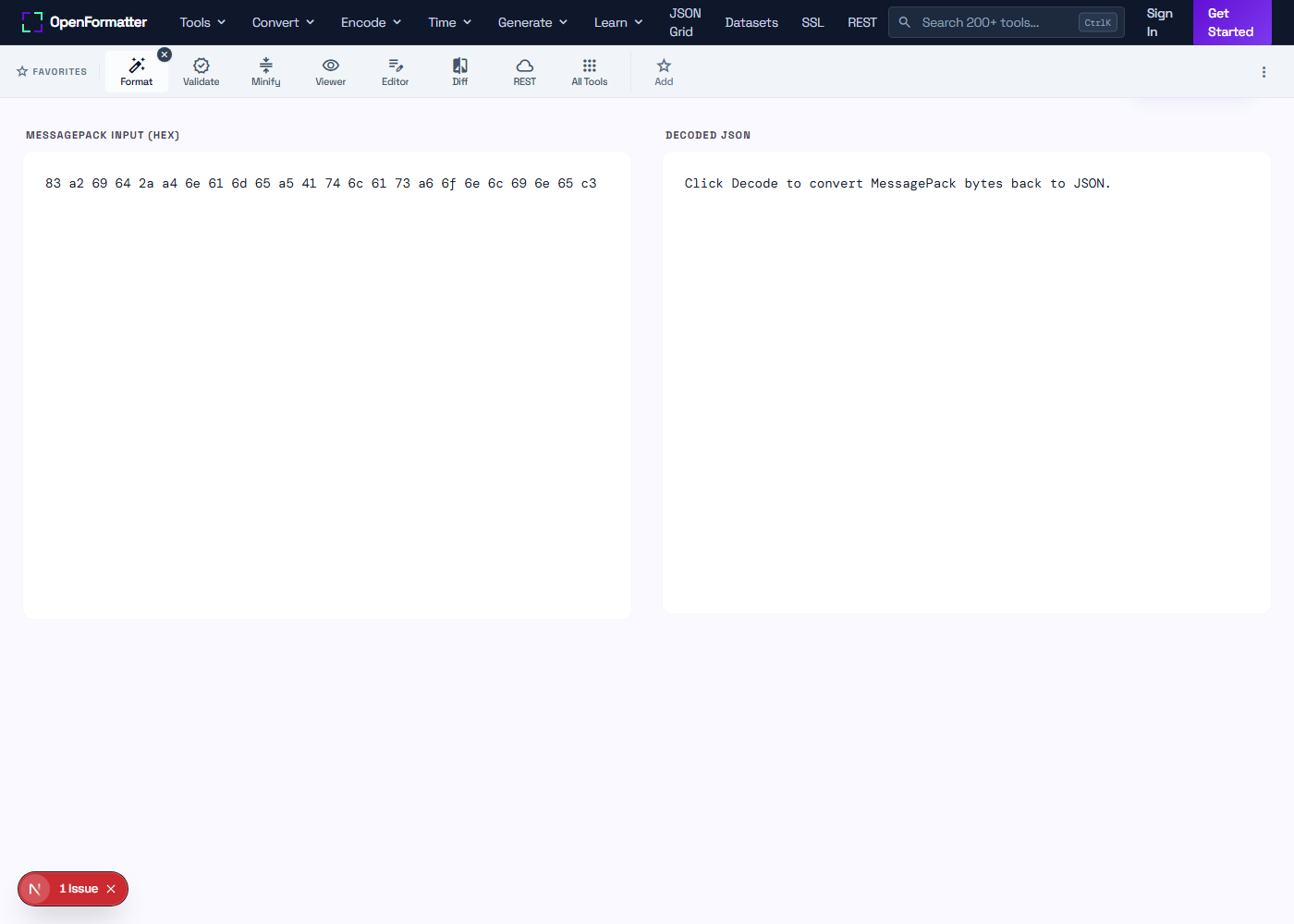 MessagePack Decode converting sample binary MessagePack into readable JSON