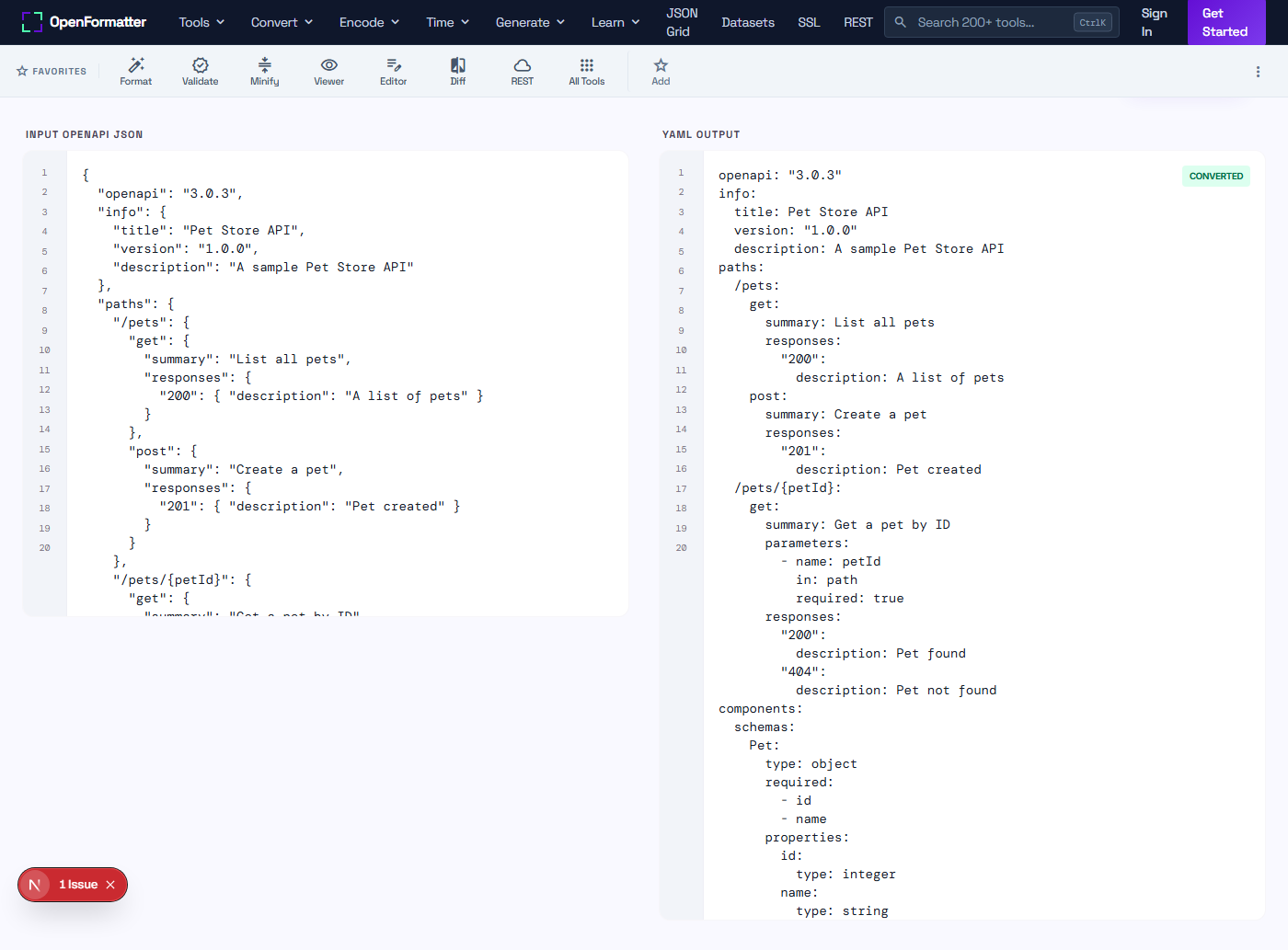 OpenAPI to YAML converting a sample OpenAPI JSON spec into YAML