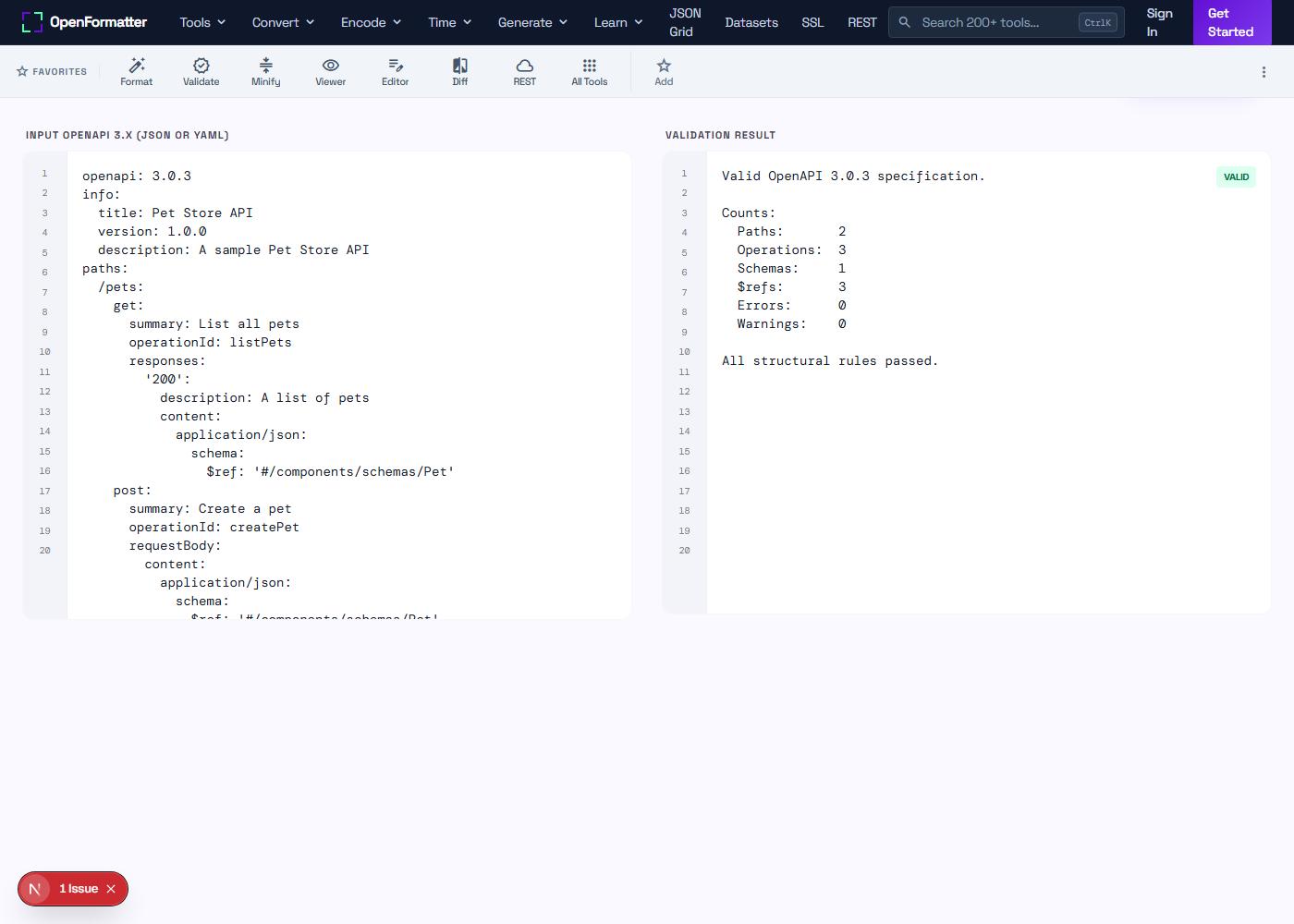 OpenAPI Validator checking a sample Pet Store spec and reporting zero errors