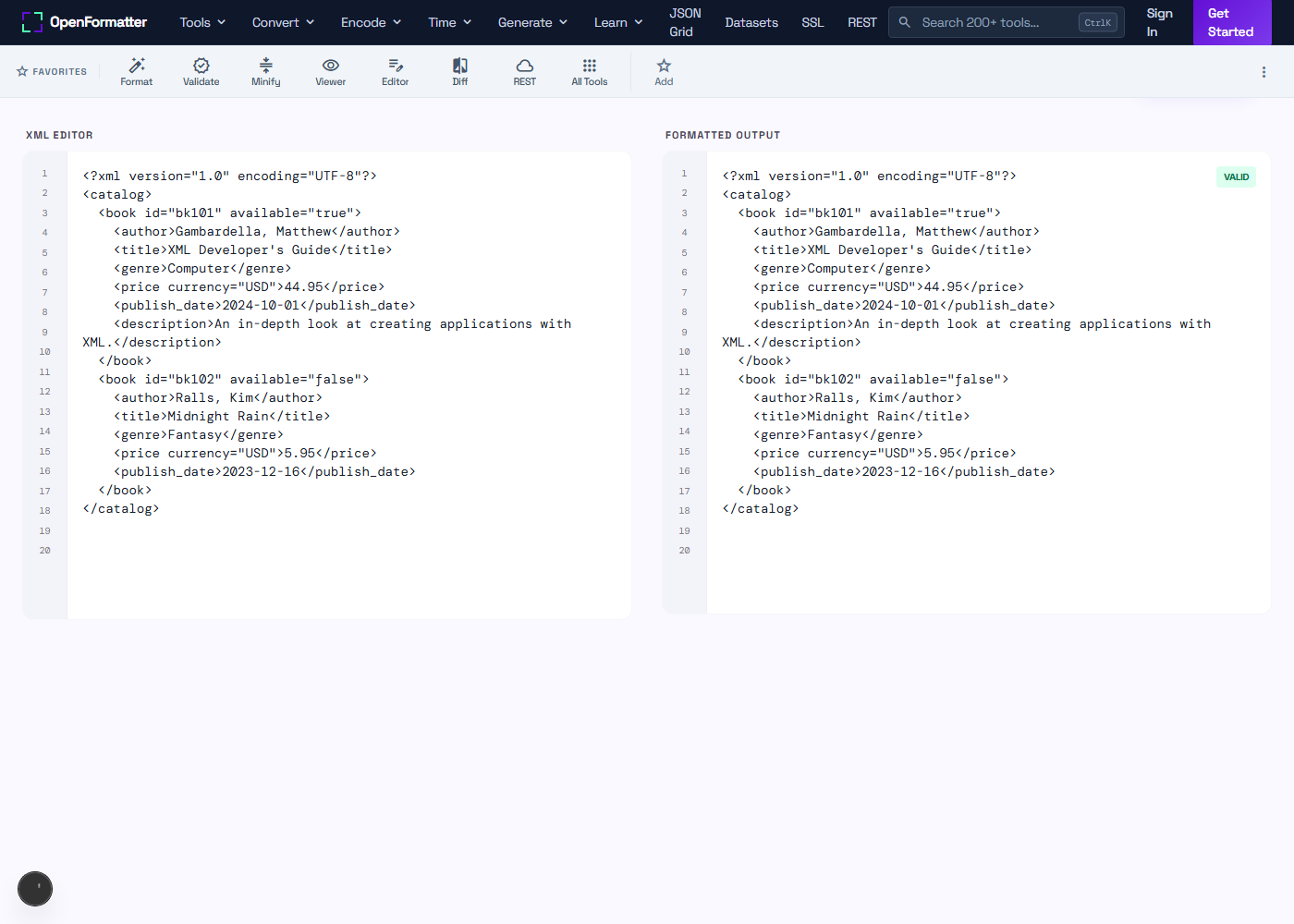 XML Editor formatting a sample XML book catalog live in the browser