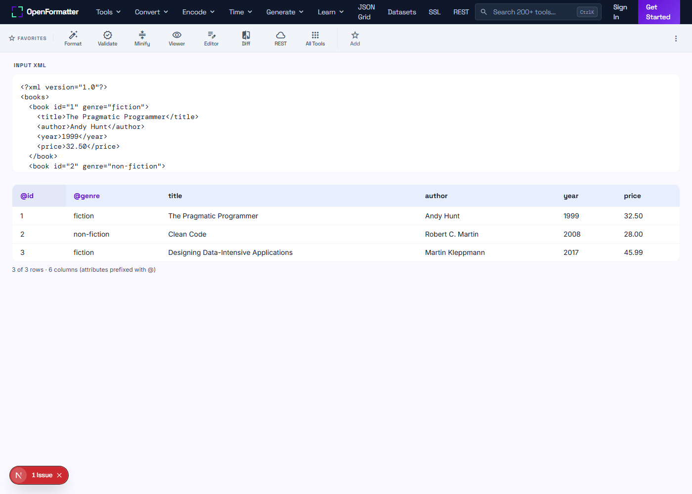 XML to Table converting sample XML into a sortable, filterable table