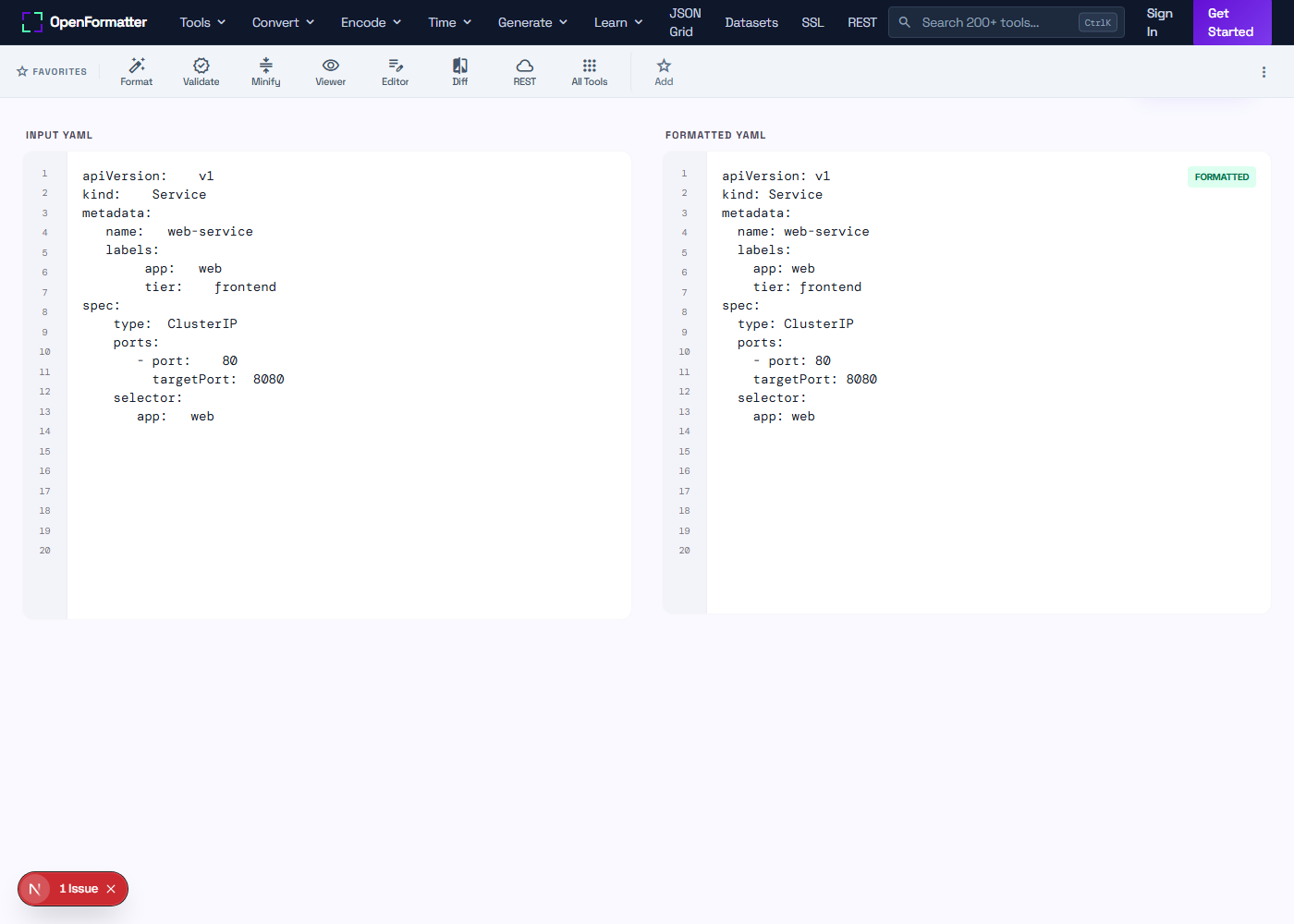 YAML Formatter beautifying sample YAML with consistent indentation